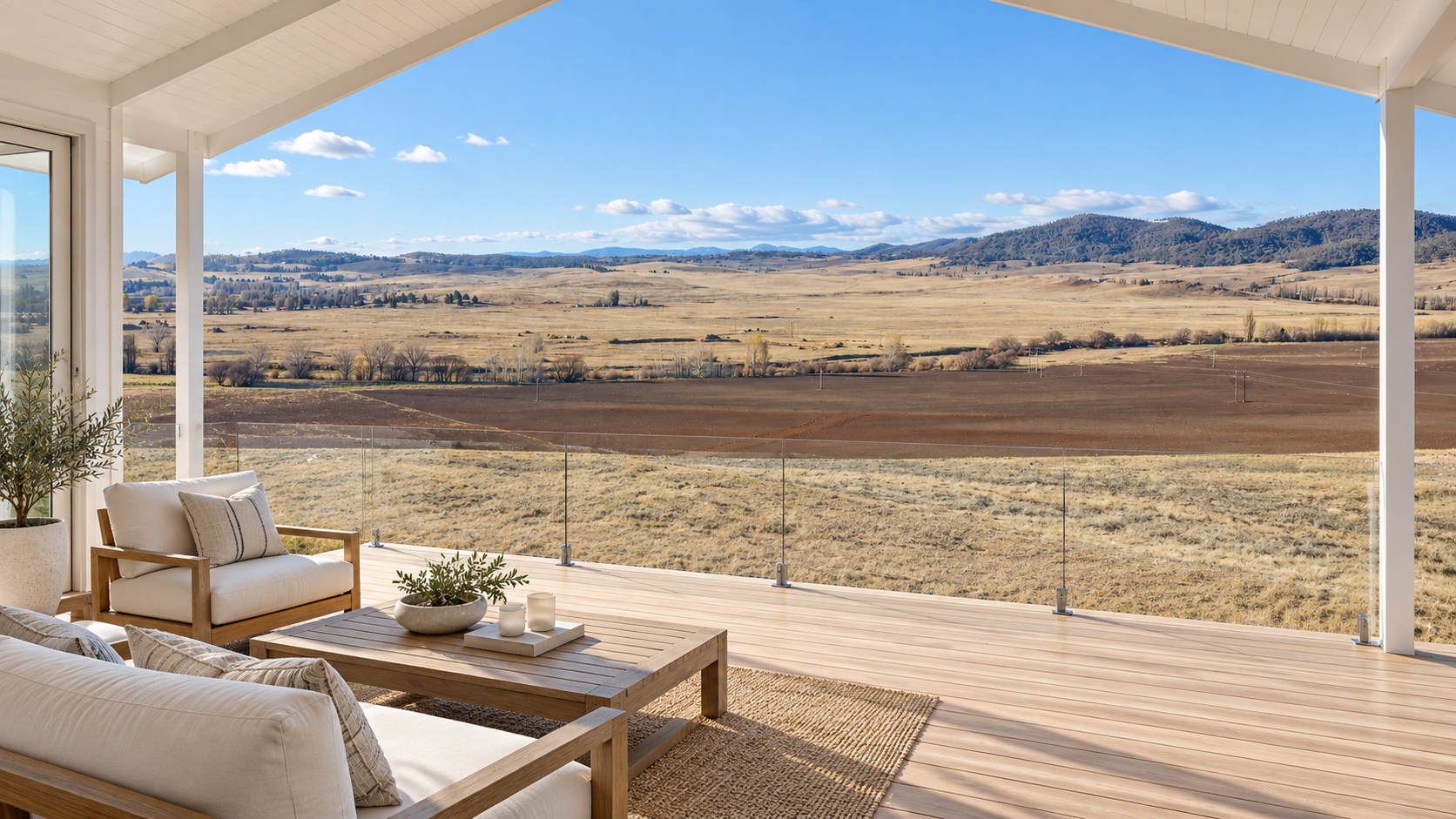 AI-generated concept of a white covered deck overlooking Riverside’s paddocks and hills. The land is vacant; the home and deck are illustrative only.