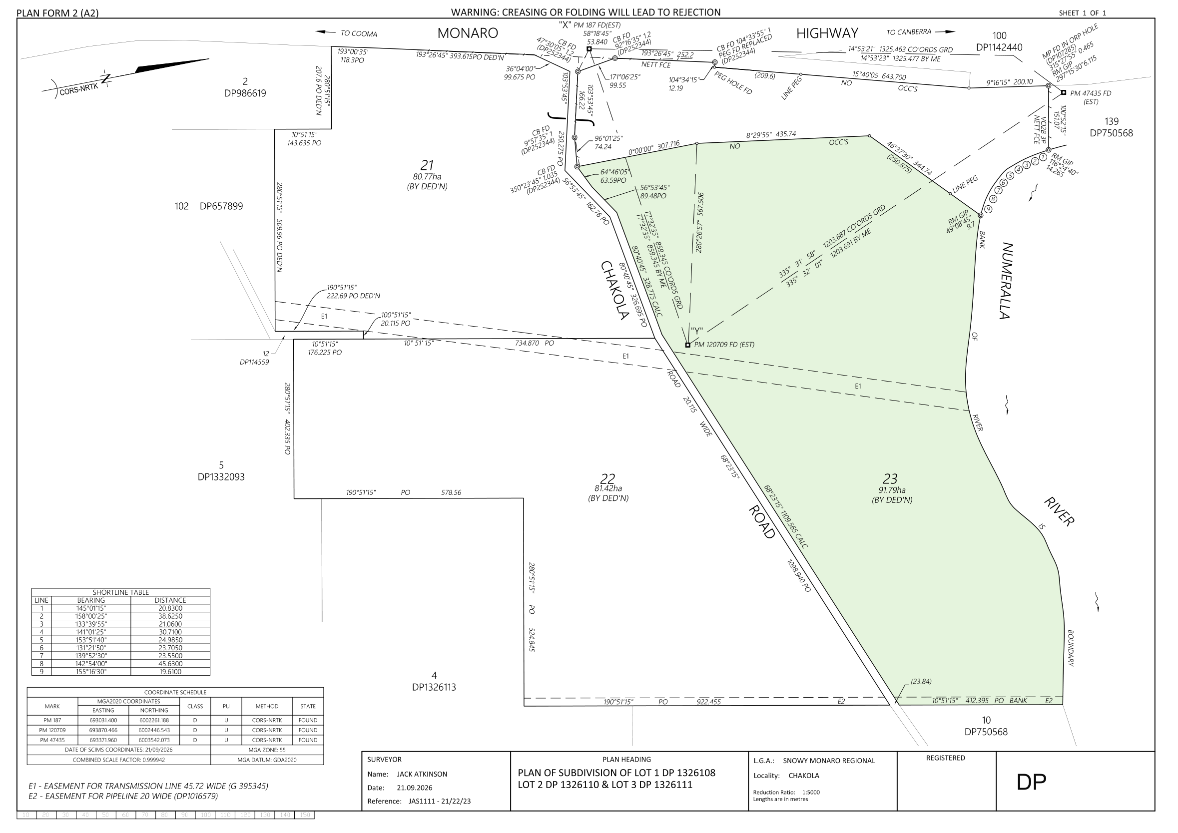 Subdivision survey with Proposed Lot 23 shaded pale green between Chakola Road and the Numeralla River; neighbouring lots remain white